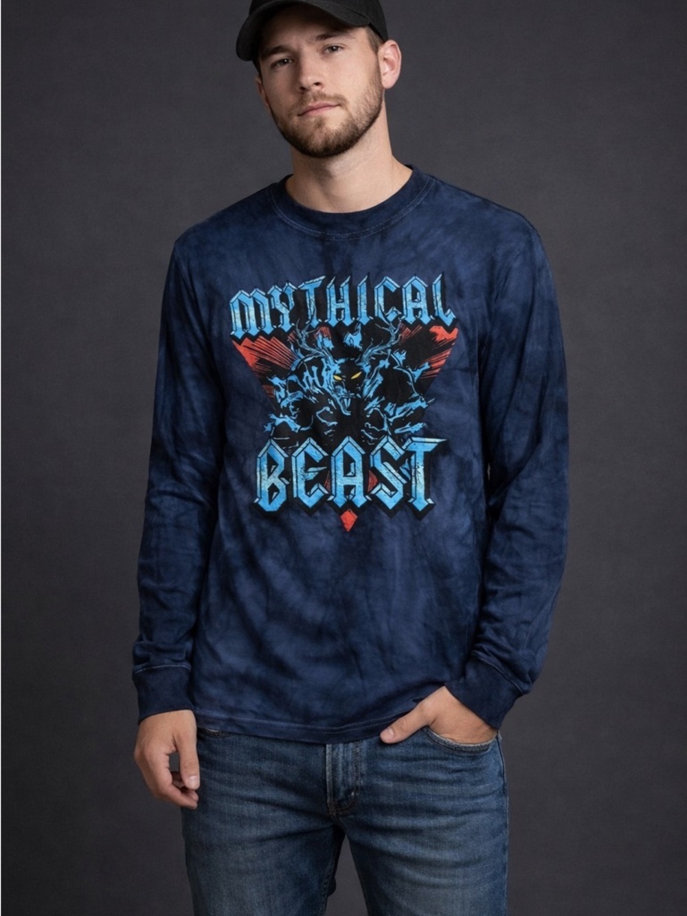 Mythical Beast Classic Metal  Graphic Long-Sleeve Shirt — Navy Tie-Dye